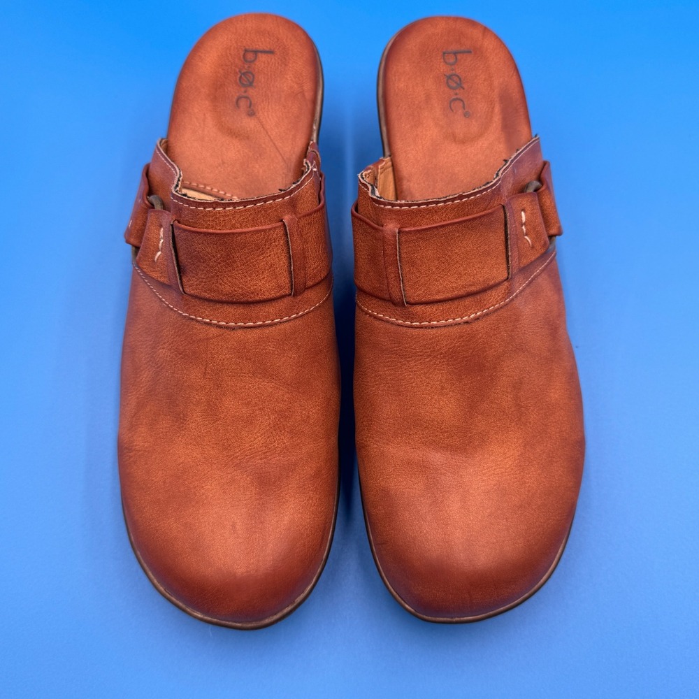 b.o.c. Born Concept Women Tan Faux Leather Clog Mule Block Heel Buckle 11M